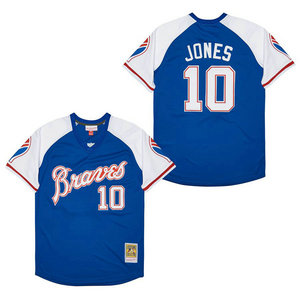 Atlanta Braves #10 Chipper Jones Blue Pullover Throwback Authentic Stitched MLB Jersey