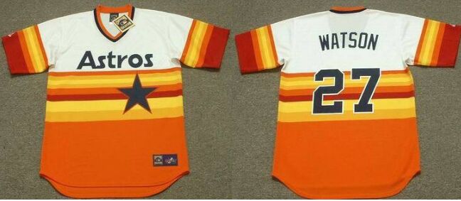Houston Astros #27 Bob Watson 1970 Home Majestic Rainbow Pullover Throwback Baseball Jersey