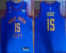 Jordan Denver Nuggets #15 Nikola Jokic Blue 6 patch With Advertising Authentic Stitched NBA Jersey