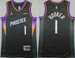 Jordan Phoenix Suns #1 Devin Booker Black With Advertising Authentic Stitched NBA Jersey