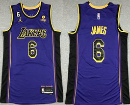 Jordon Los Angeles Lakers #6 Lebron James Purple 6 patch With Advertising Authentic Stitched NBA jersey