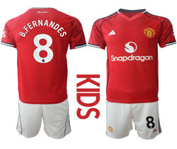 Kids 2025-26 Manchester United #8 B.FERNANDES Home Soccer Club Jersey