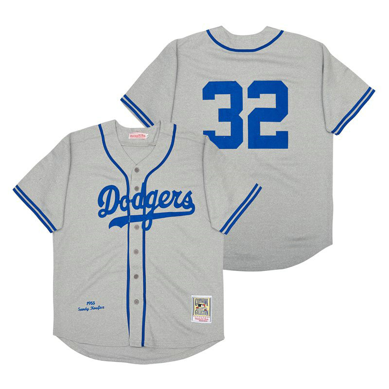 Los Angeles Dodgers #32 Sandy Koufax 1955 Gray Throwback Authentic Stitched MLB jersey