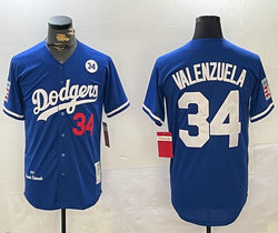 Los Angeles Dodgers #34 Fernando Valenzuela Blue 34 patch Throwback Authentic Stitched MLB Jersey
