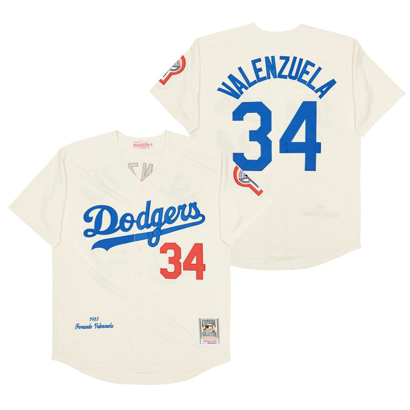 Los Angeles Dodgers #34 Fernando Valenzuela Cream Throwback 1981 Authentic Stitched MLB jersey