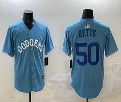 Nike Los Angeles Dodgers #50 Mookie Betts Light Blue Blue name Throwback Stitched MLB Jersey