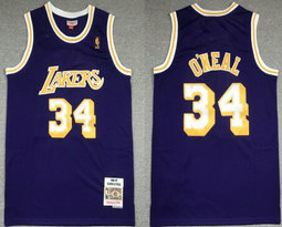 Los Angeles Lakers #34 Shaquille O'Neal Purple Gold Logo Hardwood Classics Authentic Stitched NBA Jersey