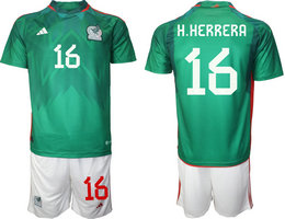 Mexico #16 H.HERRERA Green Home 2022 World Cup National Soccer Jersey