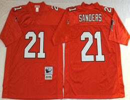 Mitchell And Ness Atlanta Falcons #21 Deion Sanders Red Throwback Authentic Stitched NFL Jerseys