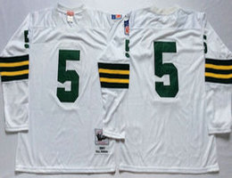 Mitchell And Ness Green Bay Packers #5 Paul Hornung Long Sleeve White Throwback Authentic Stitched NFL Jersey