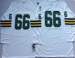 Mitchell And Ness Green Bay Packers #66 Ray Nitschke White Long Sleeve Throwback Authentic Stitched NFL Jersey