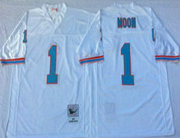 Mitchell And Ness Houston Oilers #1 Warren Moon White Throwback Authentic Stitched NFL Jersey