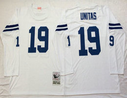 Mitchell And Ness Indianapolis Colts #19 Johnny Unitas Long Sleeve White Throwback Authentic Stitched NFL Jersey