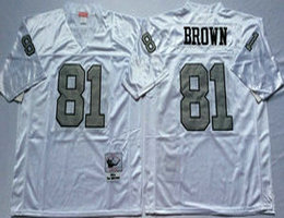 Mitchell And Ness Oakland Raiders #81 Tim Brown White With Silver No Throwback Authentic Stitched NFL Jersey