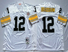 Mitchell And Ness Pittsburgh Steelers #12 Terry Bradshaw White Throwback Authentic Stitched NFL Jersey