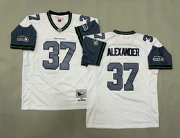 Mitchell And Ness Seattle Seahawks #37 Shaun Alexander White Arm Gray Throwback Jersey