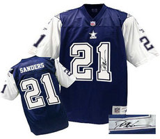Mitchell and Ness Dallas Cowboys #21 Deion Sanders Blue white Autographed Authentic Stitched NFL Jersey