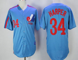 Montreal Expos #34 Bryce Harper Blue Throwback Authentic Stitched MLB Jersey