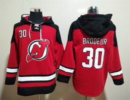 New Jersey Devils #30 Martin Brodeur Red All Stitched Hooded Sweatshirt