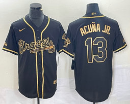 Nike Atlanta Braves #13 Ronald Acuna Jr Black Throwback Gold Name Authentic Stitched MLB Jersey