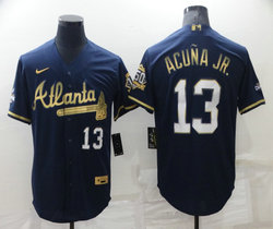 Nike Atlanta Braves #13 Ronald Acuna Jr Blue Gold number Champions 50 patch Game Authentic Stitched MLB Jersey