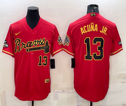 Nike Atlanta Braves #13 Ronald Acuna Jr Red Gold Number Champions Game Authentic Stitched MLB Jersey
