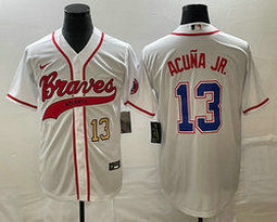 Nike Atlanta Braves #13 Ronald Acuna Jr White Gold #13 front Joint Authentic Stitched baseball jersey