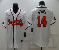 Nike Atlanta Braves #14 Adam Duvall White Gold Red number Champions Game Authentic Stitched MLB Jersey