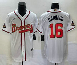 Nike Atlanta Braves #16 Travis d'Arnaud White Gold Red number Champions Game Authentic Stitched MLB Jersey