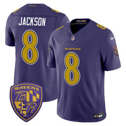 Nike Baltimore Ravens #8 Lamar Jackson Purple 2026 Gold Number Authentic Stitched NFL Jersey