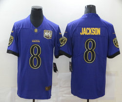 Nike Baltimore Ravens #8 Lamar Jackson Purple Gold Name Authentic Stitched NFL Jersey