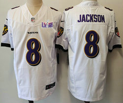 Nike Baltimore Ravens #8 Lamar Jackson White 2023 F.U.S.E. With 2024 Super Bowl (LVIII ) patch Jersey