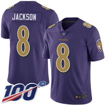 Nike Baltimore Ravens #8 Lamar Jackson With 100th Season Patch Purple Rush Authentic stitched NFL jersey
