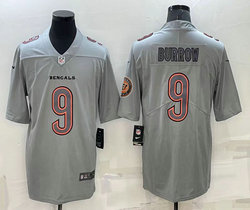 Nike Cincinnati Bengals #9 Joe Burrow Grey Atmosphere sleeves with patch Fashion Authentic Stitched NFL Jersey