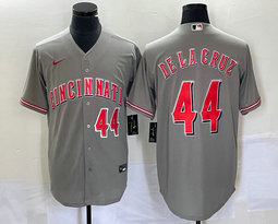 Nike Cincinnati Reds #44 Elly De La Cruz Gray Red 44 in front Game Authentic Stitched MLB Jersey