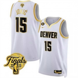 Nike Denver Nuggets #15 Nikola Jokic White Gold 6 Patch 2023 Finals Authentic Stitched NBA Jersey