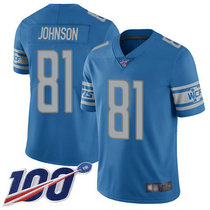 Nike Detroit Lions #81 Calvin Johnson With NFL 100th Season Patch Blue Vapor Untouchable Authentic Stitched NFL Jersey