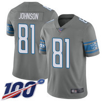 Nike Detroit Lions #81 Calvin Johnson With NFL 100th Season Patch Grey Vapor Untouchable Authentic Stitched NFL Jersey