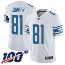 Nike Detroit Lions #81 Calvin Johnson With NFL 100th Season Patch White Vapor Untouchable Authentic Stitched NFL Jersey