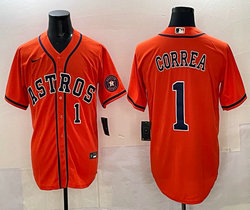 Nike Houston Astros #1 Carlos Correa Orange #1 front Sleeve with Logo MLB Jersey