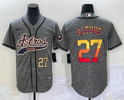 Nike Houston Astros #27 Jose Altuve Hemp grey Joint Gold 27 on front rainbow name Jersey