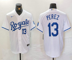 Nike Kansas City Royals #13 Salvador Perez White #13 front Game Authentic stitched MLB jersey