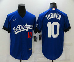 Nike Los Angeles Dodgers #10 Justin Turner Blue 2021 City Number in front Game Authentic Stitched MLB Jersey