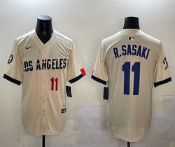 Nike Los Angeles Dodgers #11 Roki Sasaki Cream Fashion Red #11 front Baseball Jersey