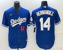 Nike Los Angeles Dodgers #14 Enrique Hernandez Blue Red 12 in front Game Authentic Stitched MLB Jersey