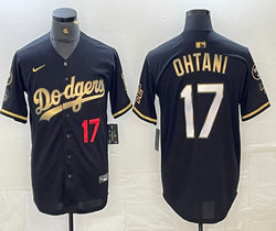 Nike Los Angeles Dodgers #17 Shohei Ohtani Black Gold red 17 on front Game Authentic Stitched MLB Jersey