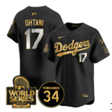 Nike Los Angeles Dodgers #17 Shohei Ohtani Black Gold sleeve with 34 patch 2024 World Series Jersey