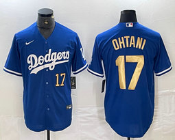 Nike Los Angeles Dodgers #17 Shohei Ohtani Blue Gold name Gold 17 in front Authentic Stitched MLB Jersey