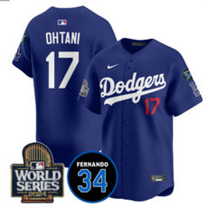Nike Los Angeles Dodgers #17 Shohei Ohtani Blue sleeve with 34 patch 2024 World Series MLB Jersey