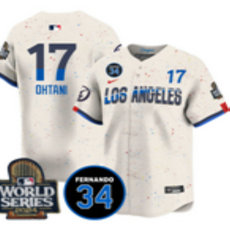 Nike Los Angeles Dodgers #17 Shohei Ohtani Cream with 34 patch 2024 World Series Jersey